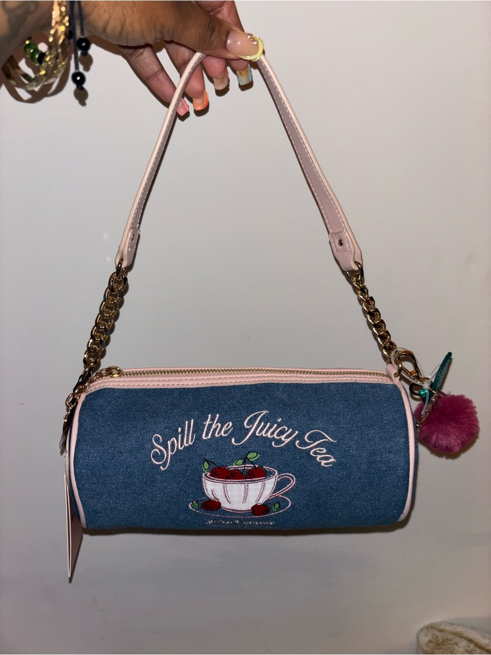 Juicy Couture Blue Denim Mini Shoulder Bag with Light Pink Trim